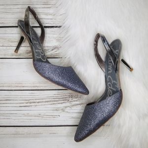 SAM EDELMAN ORLY SILVER GLITTER SLINGBACK HEELS
